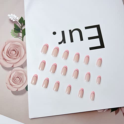 האביב מסמרים Light Pink French Tips Press on Nails Medium,KXAMELIE  Acrylic Nails Press on Glitter Sequins Fake Nails with Nail Glue,Nude Nails Glue on for Manicure in 24PCS
